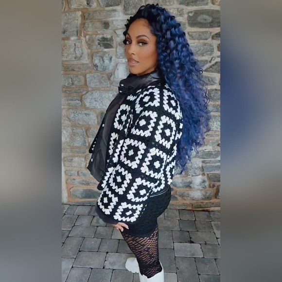 Miz Puffer Crochet: Detachable Contrast Knit Cardigan Vinyl Winter Coat L XL - Picture 16 of 17